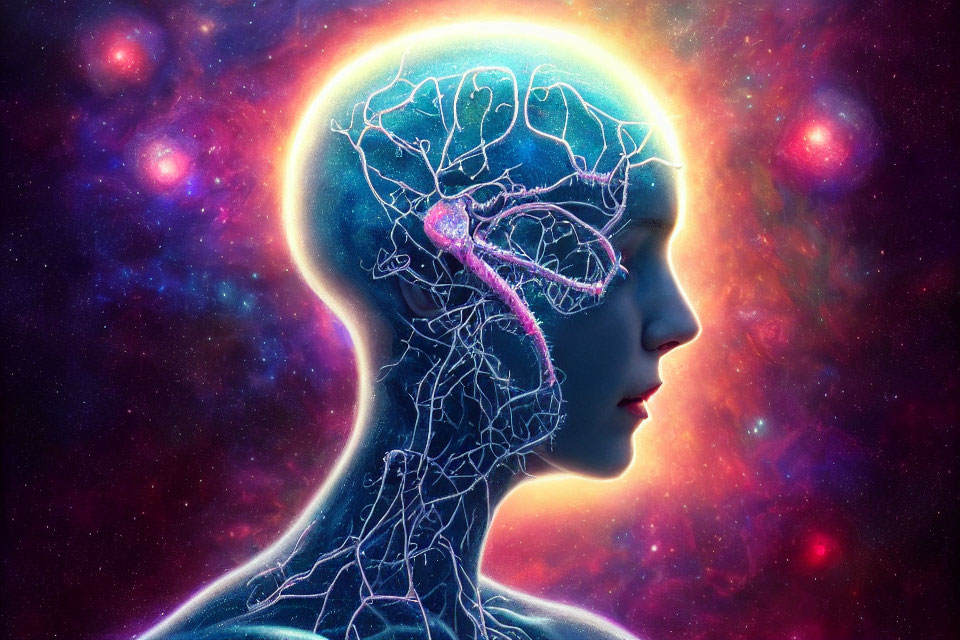 Digital illustration: Human profile with transparent head showing glowing brain and vascular system on cosmic backdrop