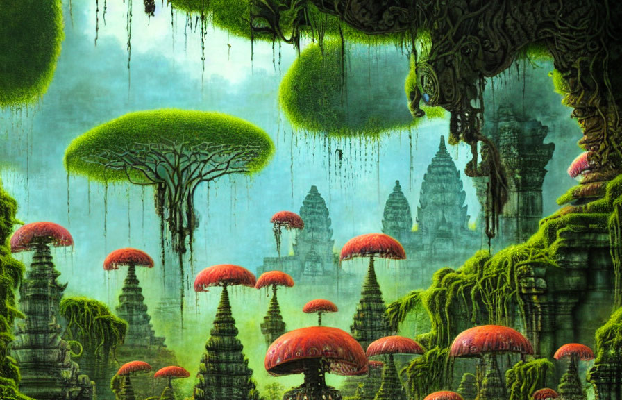 Enchanting jungle scene with oversized mushrooms, ancient temples, lush green moss.