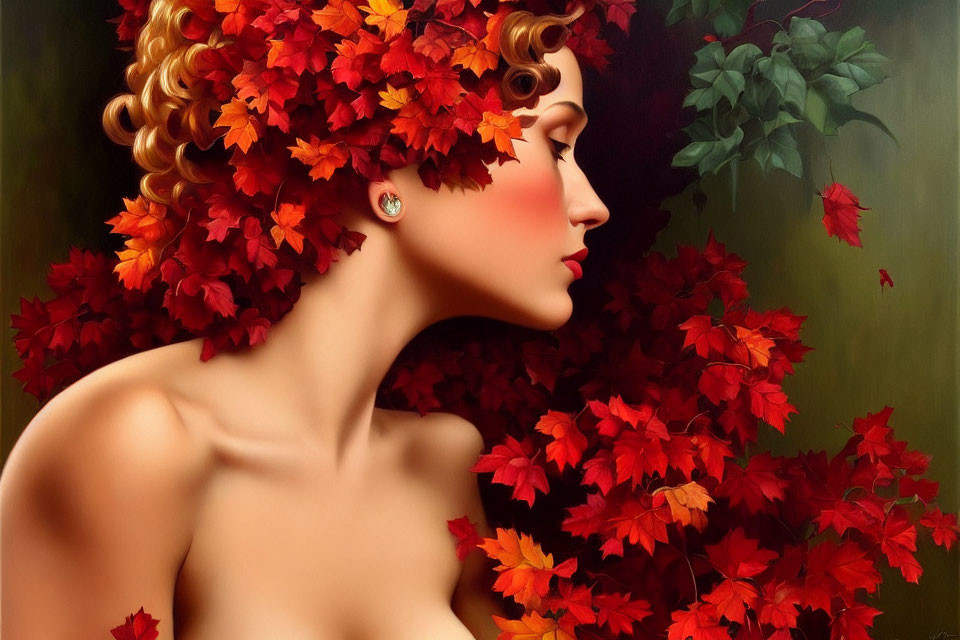 Stylized painting of woman with red autumn leaves in hair on greenish background
