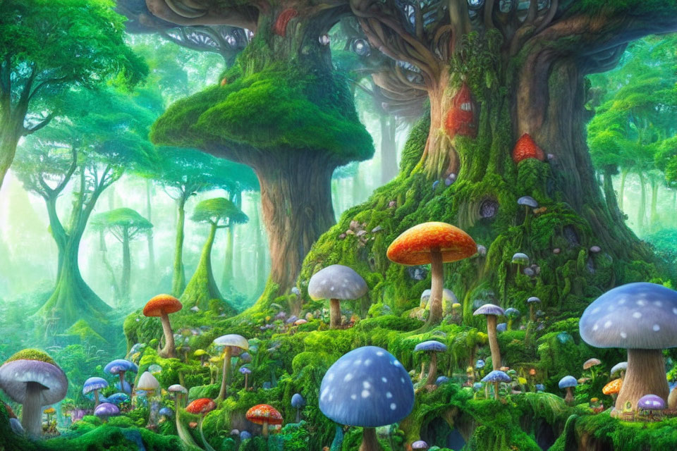 Enchanting fantasy forest with oversized mushrooms and ancient trees