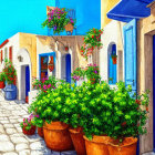 Colorful Mediterranean Street Scene with White Buildings and Grapes Basket