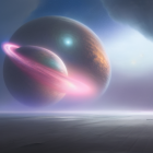 Giant planets, spaceships, and serene countryside in surreal landscape