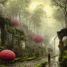Gothic Cathedral in Mist with Flowering Trees and Cobblestone Path