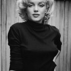 Blonde woman in black turtleneck and white pants against wooden backdrop