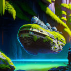 Futuristic alien landscape with greenery, floating ships, and towering structures