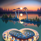 Intricate circular platform with water, planets, nebulae, and mushroom-like trees