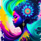 Colorful digital artwork: woman with blue skin, floral patterns, butterflies, rainbow hair