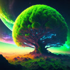 Colorful digital artwork: colossal dual-color tree under fantastical sky
