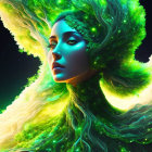 Futuristic digital artwork of female android in intricate headgear amid neon landscape
