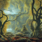 Ethereal forest scene with twisted trees and mysterious structure glimpsed through mist