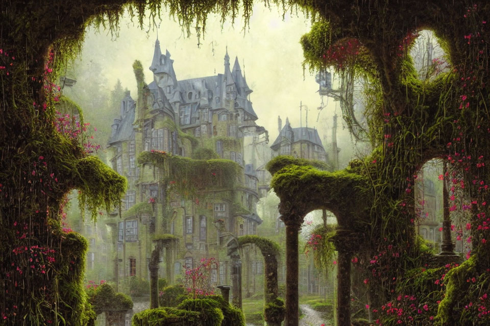 Ivy-covered castle in mystical forest with flowering vines