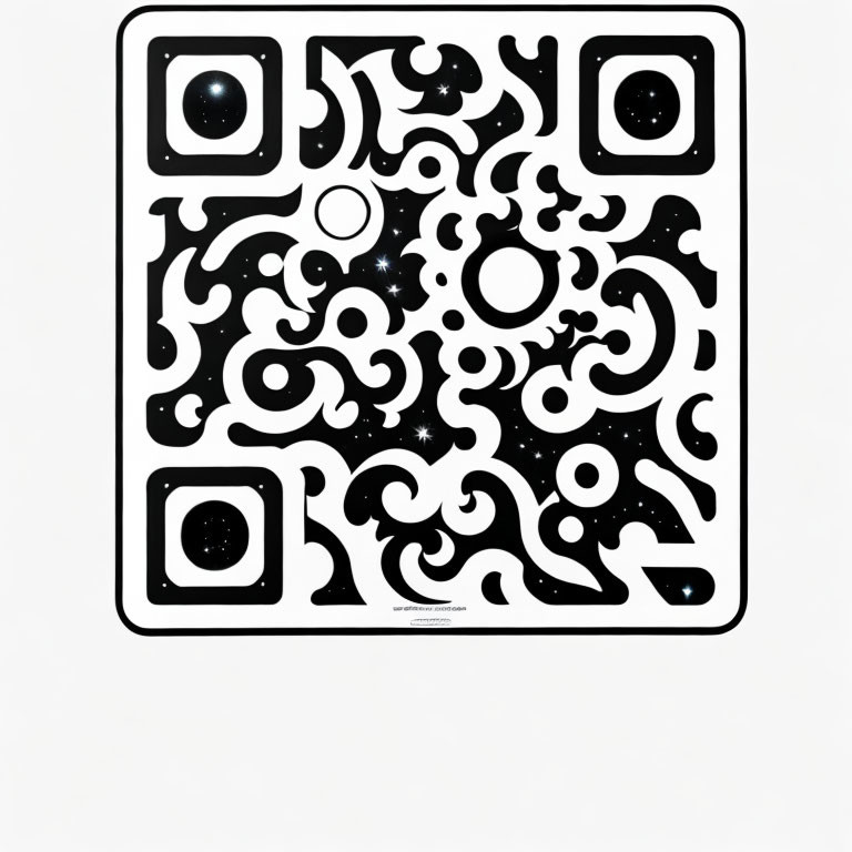Monochrome QR Code with Swirls, Circles, and Star Patterns