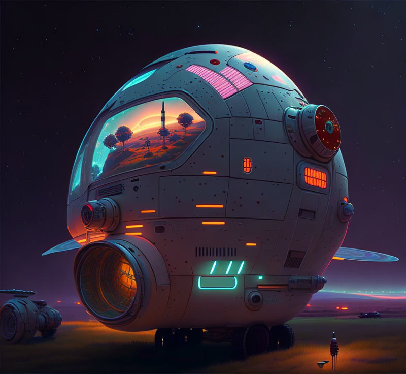 Futuristic spherical spaceship with transparent dome on alien world at twilight