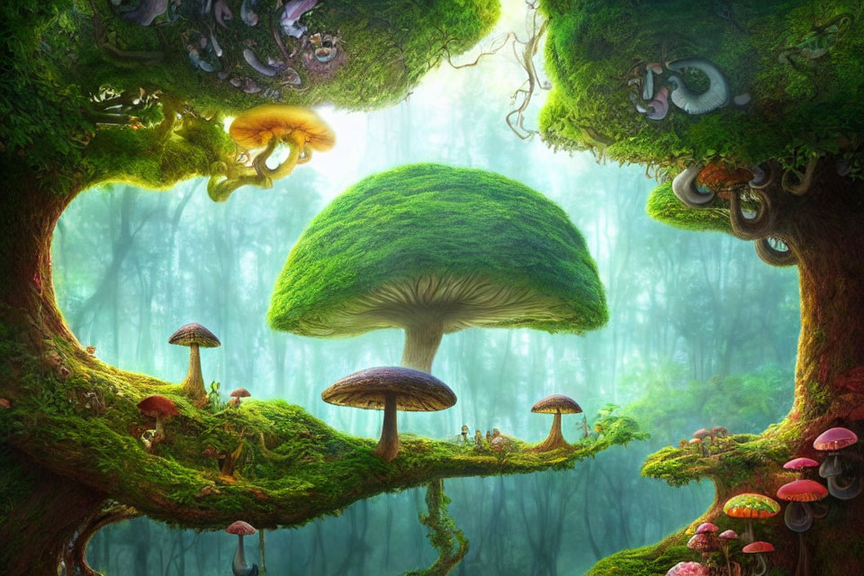 Enchanting forest scene with oversized mushrooms and vibrant green trees