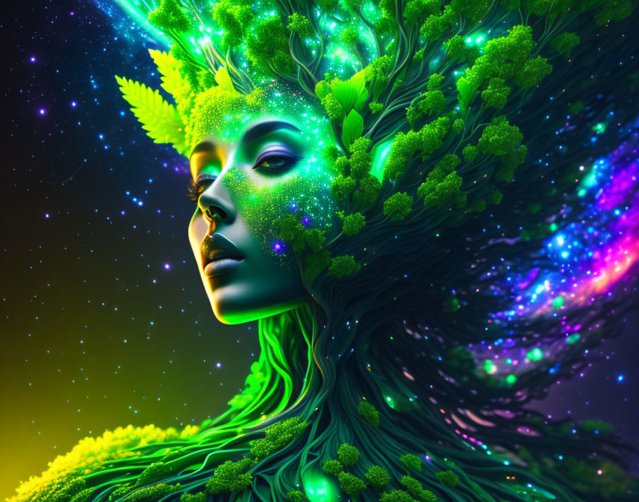 Colorful artwork: Woman's profile with tree branches as hair in cosmic background