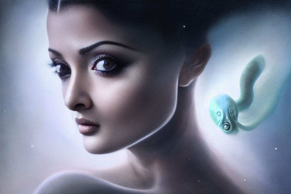 Digital artwork featuring luminous woman and ethereal fish in starry setting