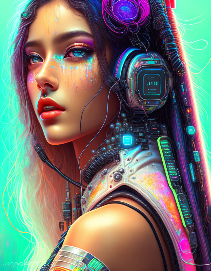 Futuristic portrait of cybernetic woman with neon lights & glowing makeup