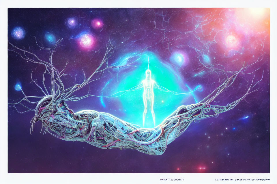 Luminous human figure in cosmic tree with multicolored orbs