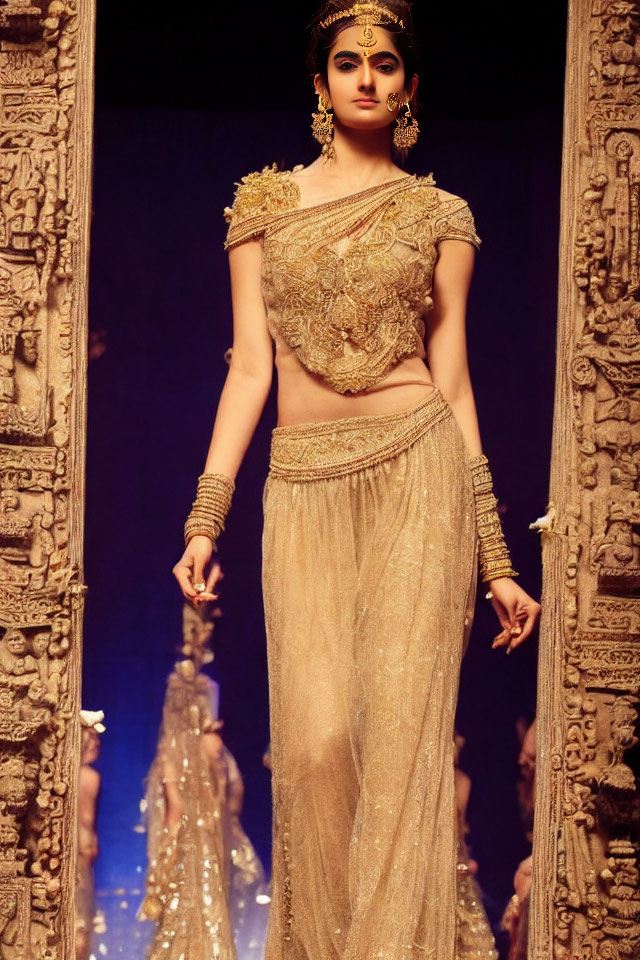 Traditional Indian Attire Woman on Fashion Runway with Ornate Setting