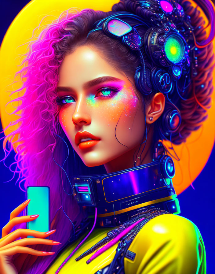 Futuristic woman with colorful makeup and cybernetic enhancements holding a phone