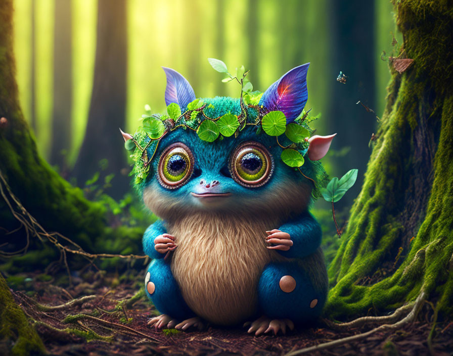 Fantastical creature with big blue eyes in forest setting