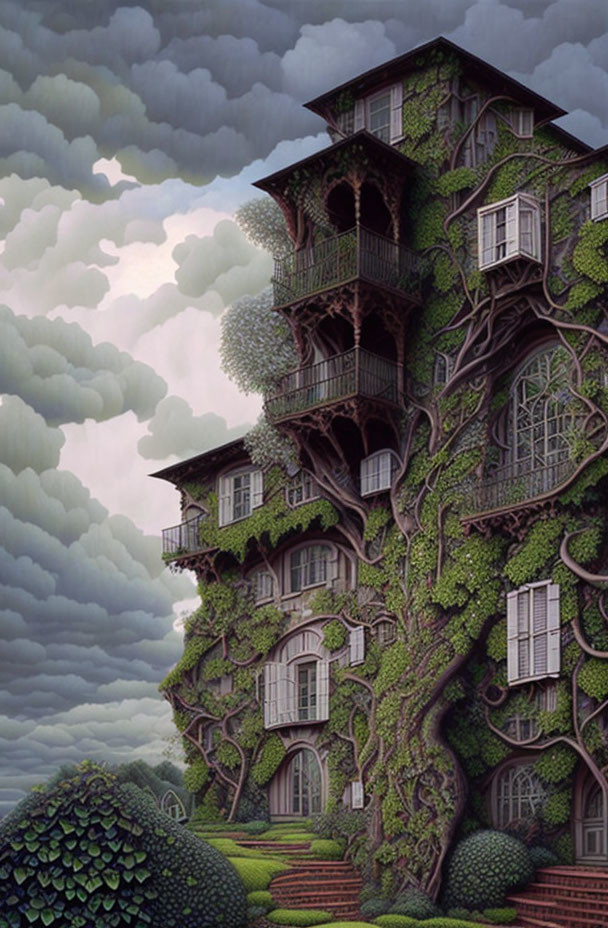 Illustration of towering house with green vines against gray clouds