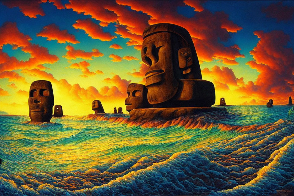 Easter Island Moai statues in ocean sunset scene