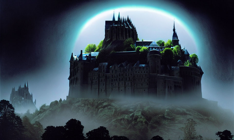 Ethereal castle on misty hill under night sky with aurora halo