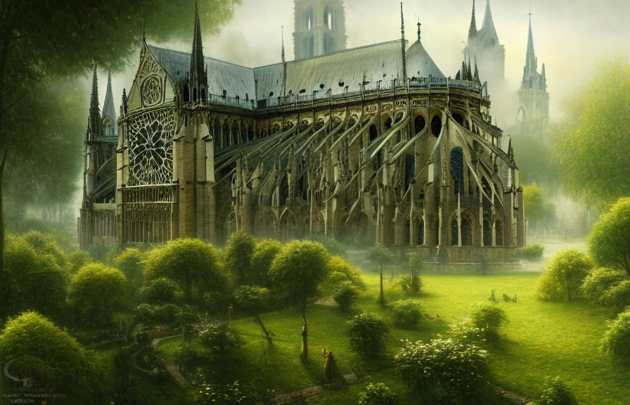 Gothic cathedral with intricate architecture in mystical setting