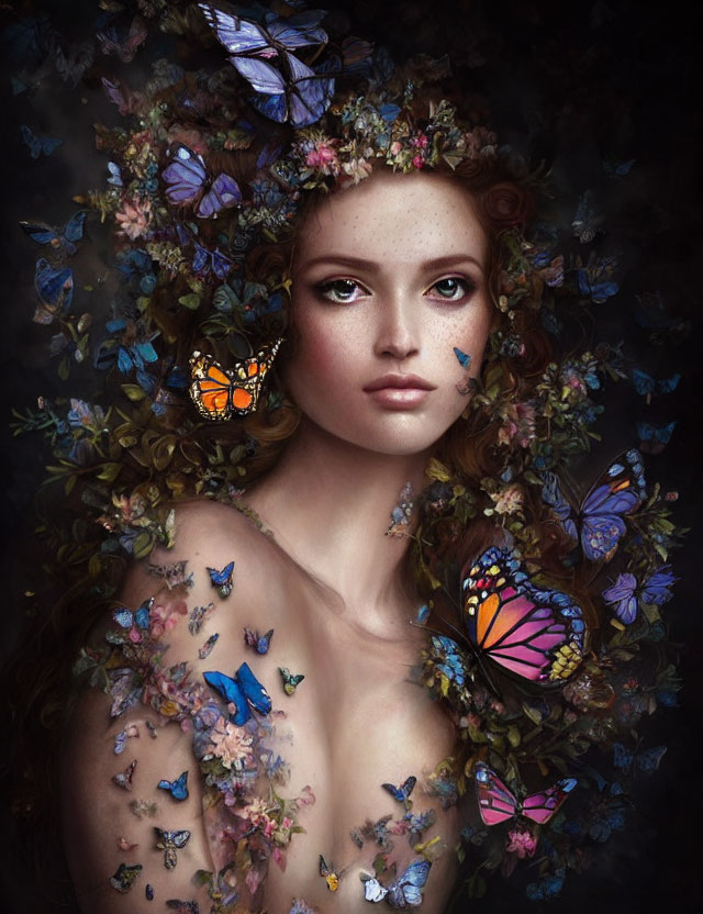 Woman with Floral Butterfly Crown Surrounded by Colorful Butterflies