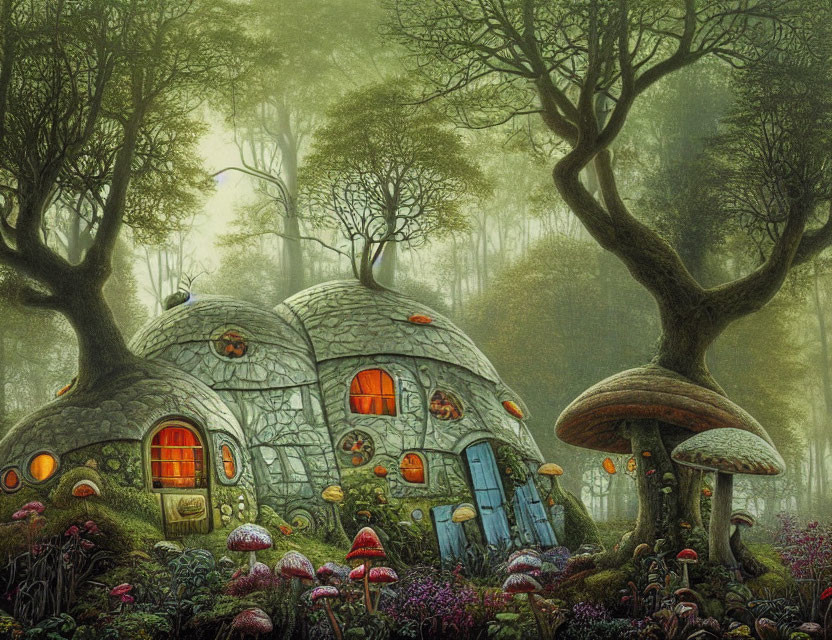 Enchanting forest scene with stone house, colorful mushrooms, misty ambiance