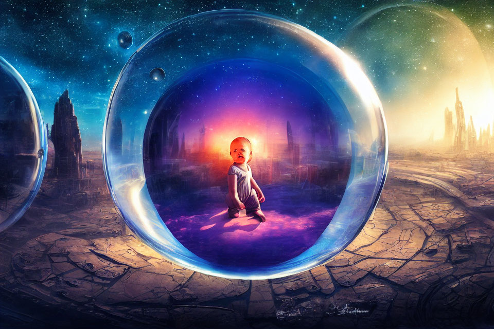 Baby in bubble on cracked surface with futuristic cities and planets in background