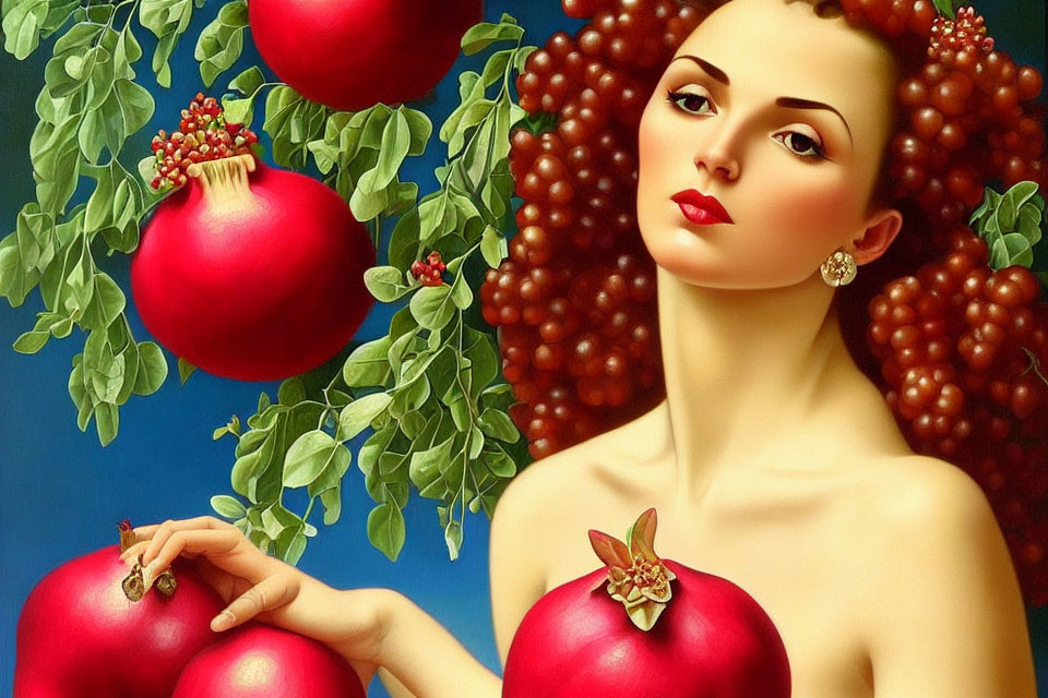 Vibrant painting of woman with red hair and pomegranates on blue background