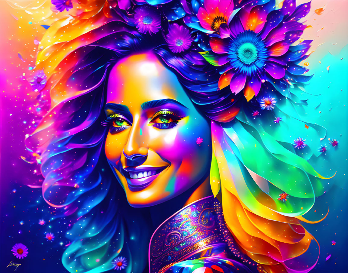 Colorful digital artwork of a woman with cosmic and floral motifs in her hair and attire