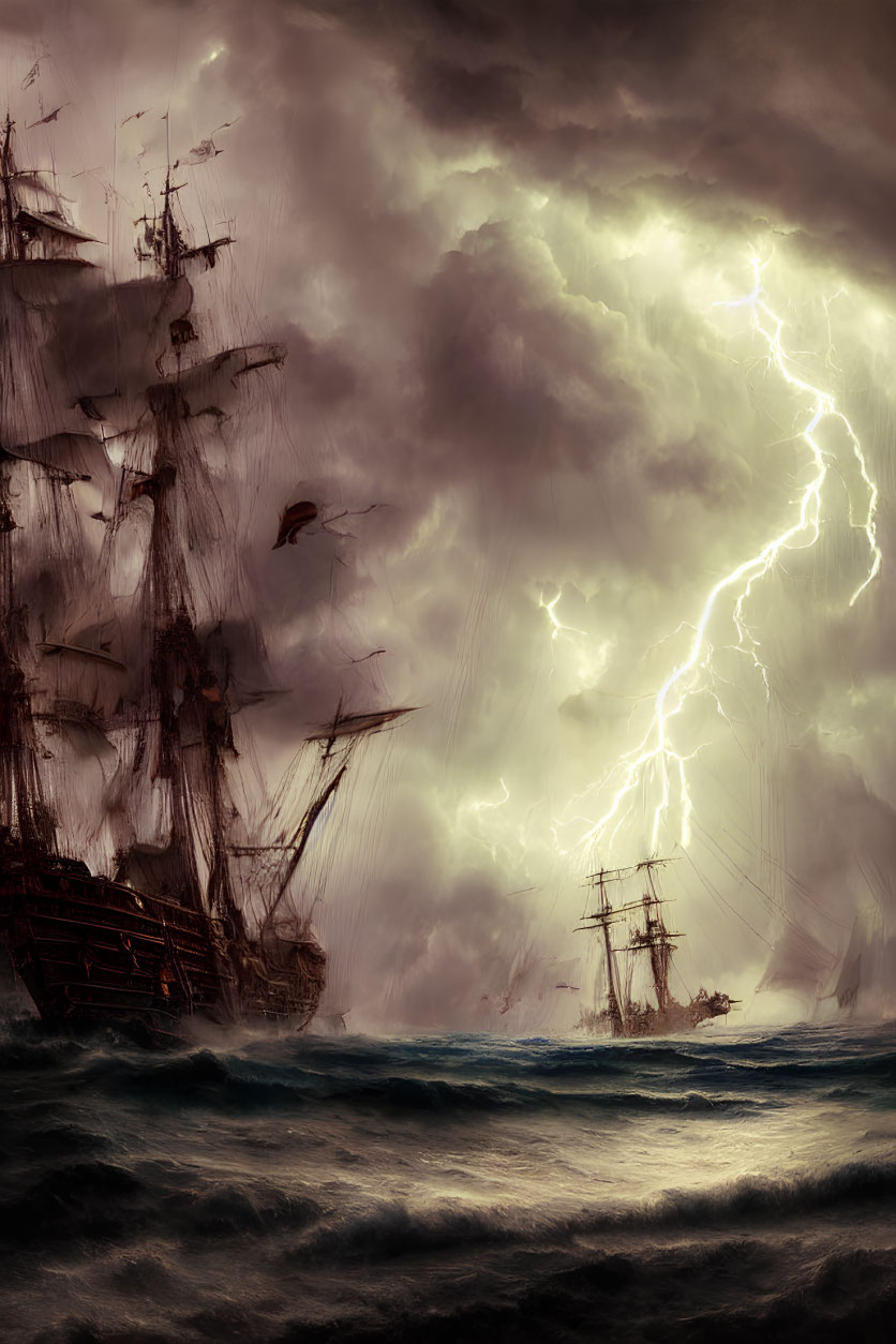 Stormy Sea Battle Scene with Tall Ships and Lightning