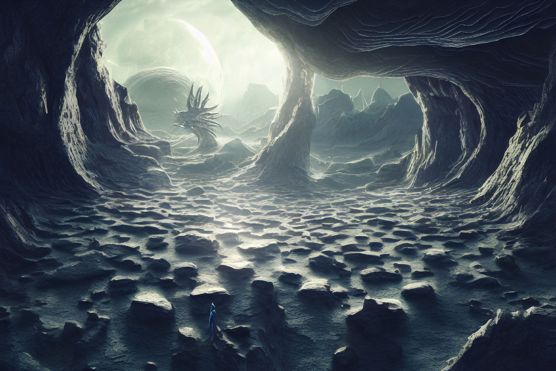 Alien cave with humanoid figure and distant creature under celestial sky