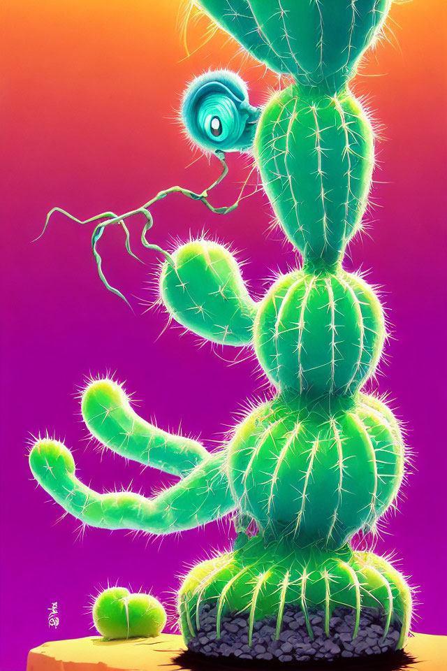 Fluorescent green cactus holding barbell on colorful background