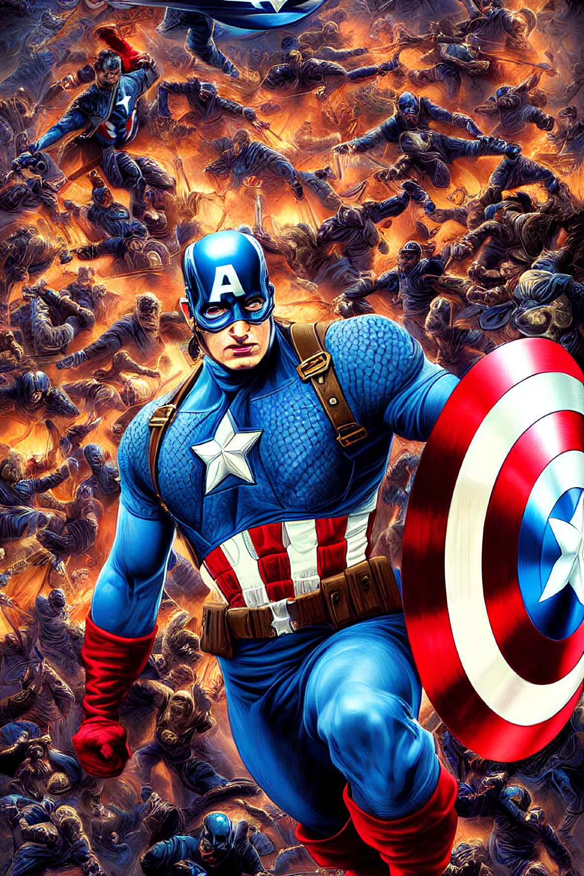 Captain America in chaotic battle with shield amid explosions