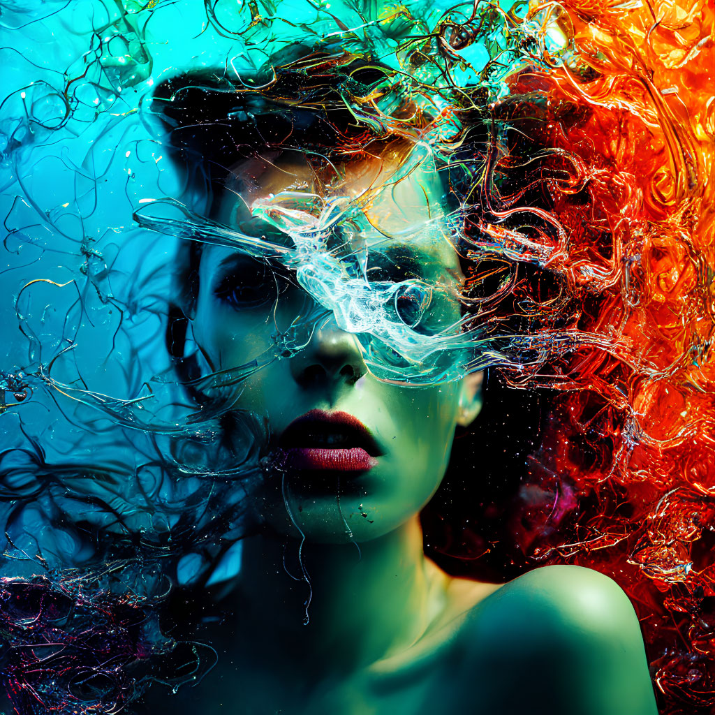 Colorful Abstract Portrait of a Woman with Swirling Hair