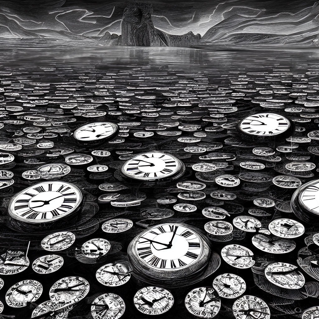 Monochrome surreal landscape with floating clocks on water