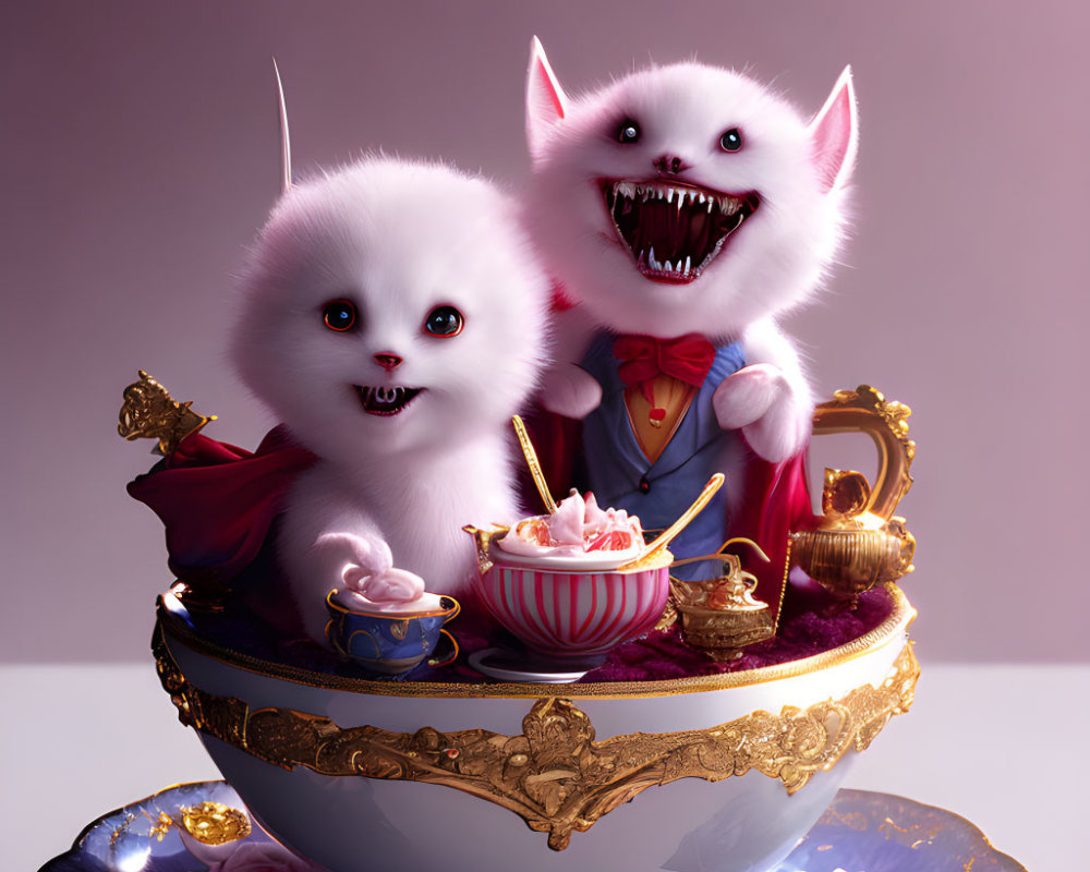 Whimsical furry creatures in ornate teacup with tea set and pastries