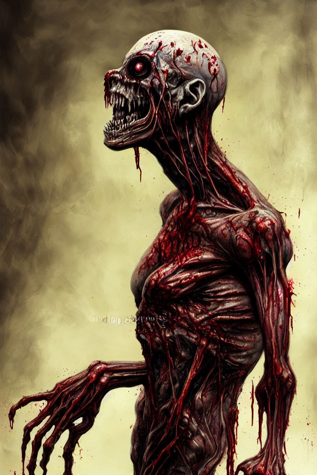 Detailed zombie illustration with gruesome musculature and blood, mouth open in ferocious expression