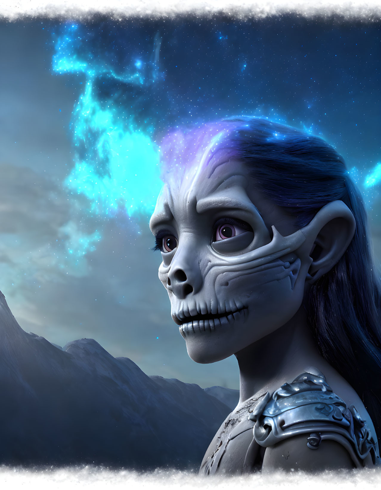 Fantasy portrait of female character with half-living, half-skeletal face under starry sky