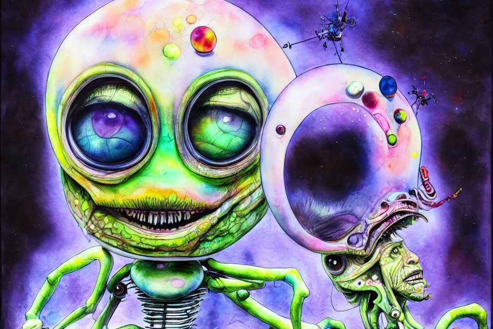 Vibrant artwork featuring large-eyed alien, small spaceships, and humanoid figure