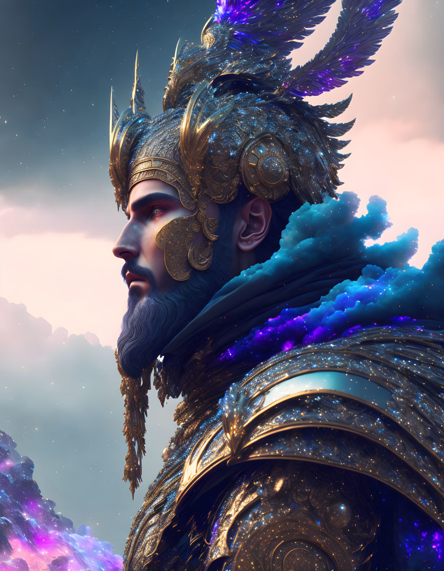 Majestic bearded figure in golden celestial armor against nebulous sky
