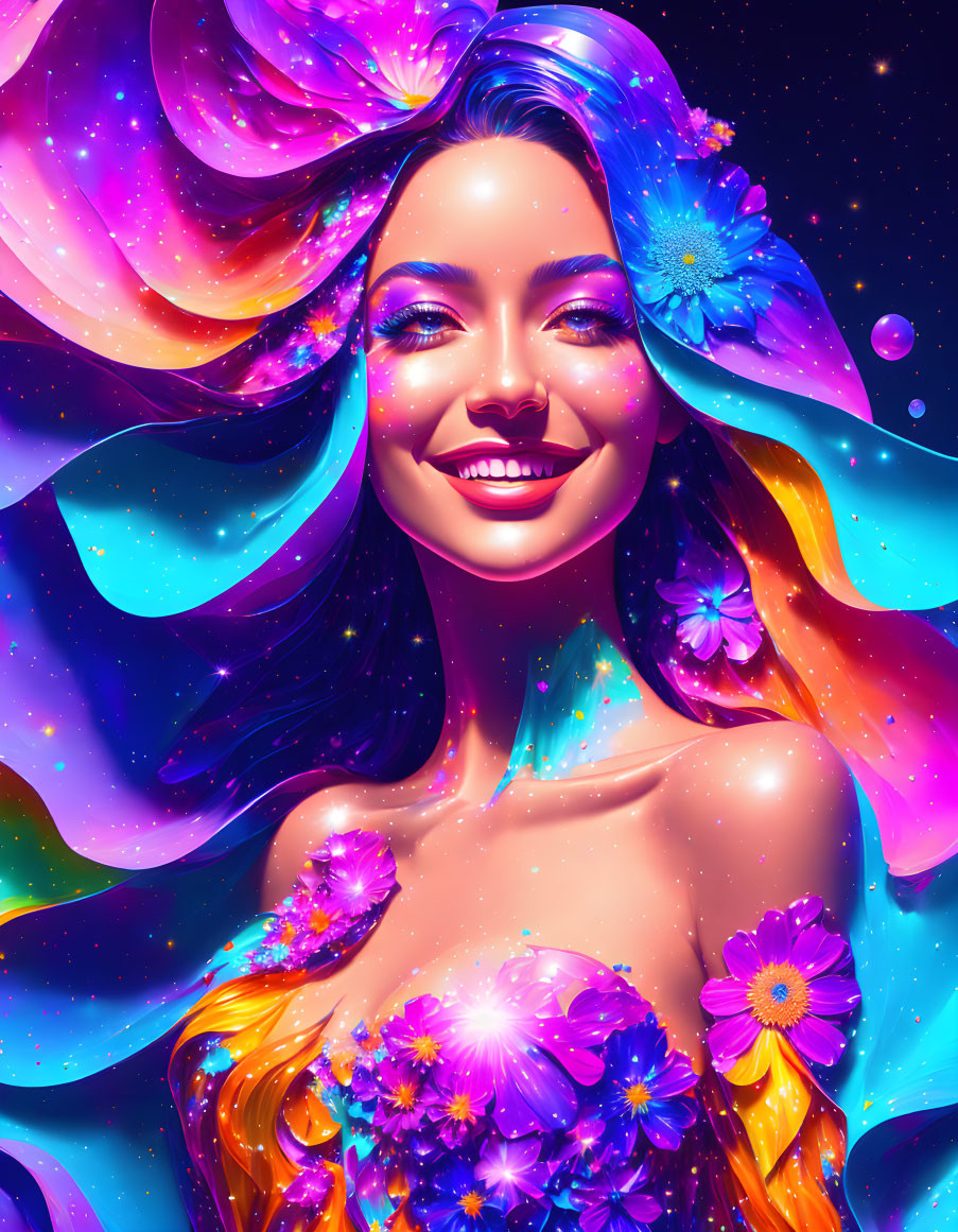 Colorful illustration of woman with cosmic hair and flowers in joyful pose against starry space backdrop