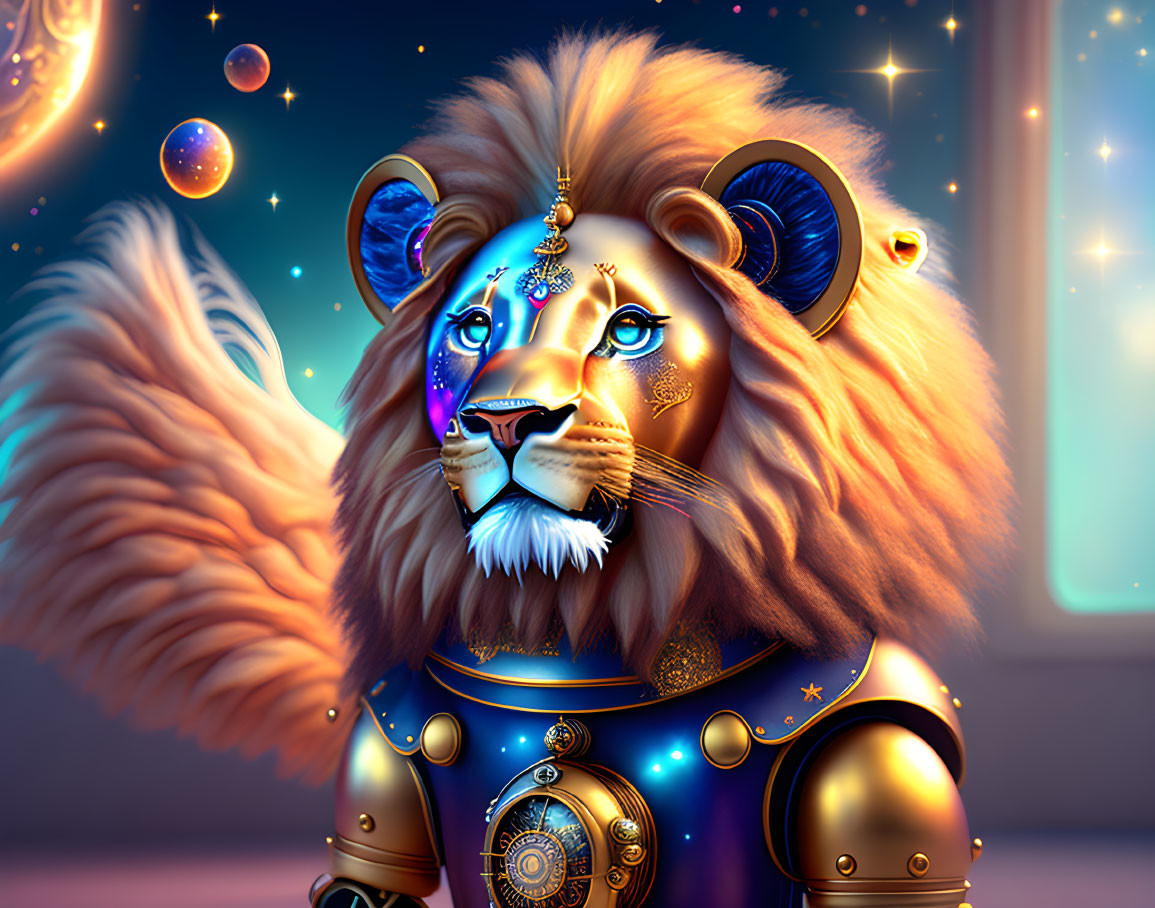 Animated lion with celestial armor in cosmic setting