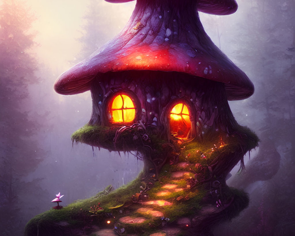 Illustration of Large Mushroom-shaped House in Mystical Forest
