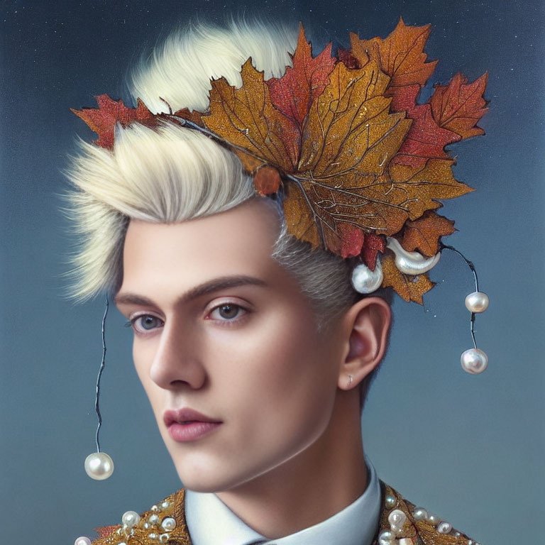 Stylized portrait of a person with pale skin, blue eyes, blond hair, autumn leaves,