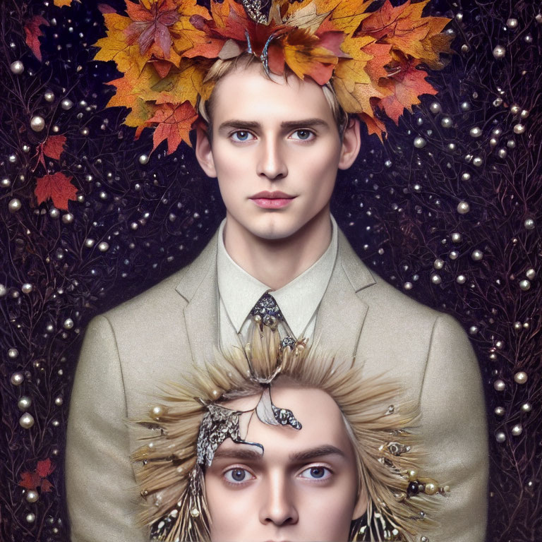 Autumn-themed person with crown and mirror image featuring butterfly and branches.